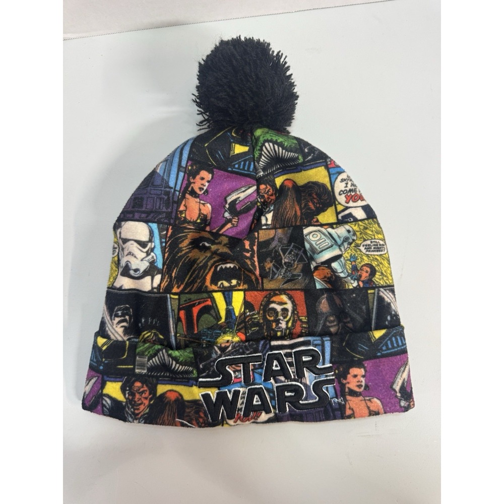 Star Wars Kids Comic Print Beanie Hat Black Pom Pom Embroidered Logo Size 8-16